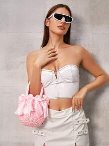 SHEIN ICON LADIES,WOMEN TOP HANDLE BAG,WOVEN BAG, FOR DATE,BIRTHDAY,DATE NIGHT,PARTY,FUNNY,PREPPY,CUTE,Y2K, Fashionable, Personality, Sweet And Cool Hot Girl, Bow Tie, Pink,Hand Crochet,Teenagers