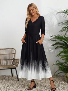 EMERY ROSE Black&White&Yellow Abstract Striped Pattern Wave Collar Ladies' Casual 3/4 Sleeve Dress - Black and White - View 3