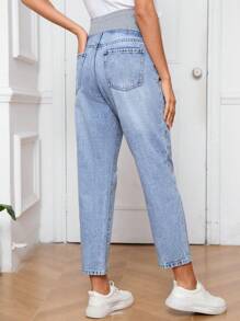 SHEIN Maternity Wideband Waist Ripped Frayed Straight Leg Jeans - Light Wash - View 2