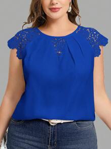 SHEIN Clasi Plus Size Solid Color Round Neck Lace Spliced Women's Summer Shirt