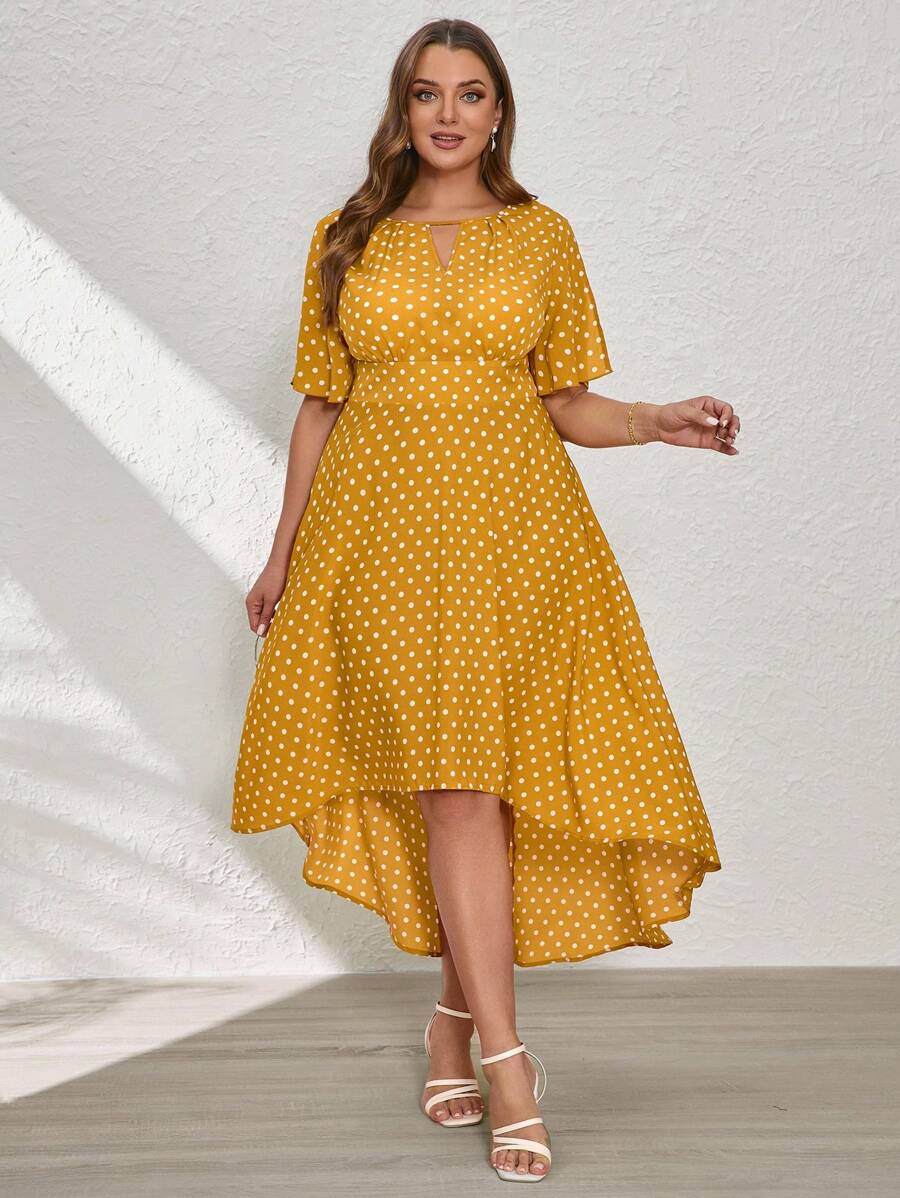 SHEIN Clasi Vestido de manga corta para mujer con bajo asimétrico, parte delantera corta y parte trasera larga, talla grande - Amarillo Mostaza - Ver 1