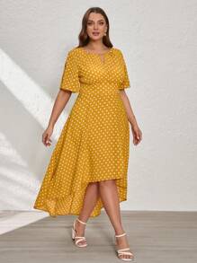 SHEIN Clasi Vestido de manga corta para mujer con bajo asimétrico, parte delantera corta y parte trasera larga, talla grande - Amarillo Mostaza - Ver 7