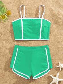 SHEIN Teen Girls' Color Block Fashionable Bikini Set 2 Pieces Bathing Suits For Beach Vacations, Beachwear - Green - View 7