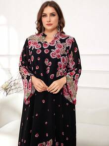 Al Najma 大码女士连衣裙，随机印花，全长优雅 Jalabiya Kaftan 宽松朴素长袖连衣裙 - 粉色 - 查看 4