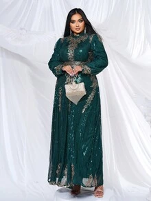 seomiscky Váy dạ hội thanh lịch cỡ lớn cho nữ, cổ đứng đính sequin lưới dài tay, váy dự tiệc tối trang trọng cho khách dự tiệc cưới, tốt nghiệp, váy dự tiệc tối - màu xanh lá - Xem 3