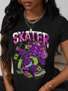 Gothic Women's Colorful Fairy Tale Fantasy Mushroom Print T-Shirt - Black - View 1