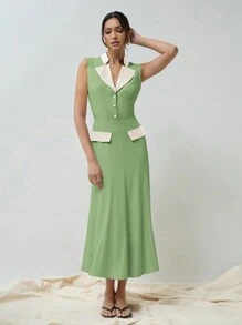 COSMINA 撞色女式礼服，鱼尾立领，连衣领，无袖设计