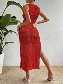 Swim Vcay Áo choàng hở vai không tay màu trơn đơn giản dành cho nữ mặc hàng ngày mùa hè - Đỏ - Xem 2