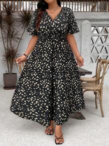 SHEIN Holidaya Plus Size Kỳ nghỉ Váy in Allover thông thường có khe bên hông - màu đen - Xem 4