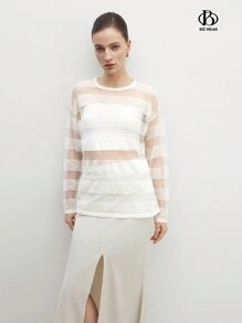 BizChic Áo len sọc xuyên thấu thông thường dành cho nữ - Màu be - Xem 2