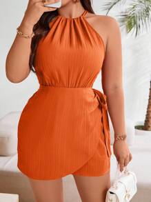 SHEIN LUNE Plus Size Women's Solid Color Simple Daily Open Shoulder Jumpsuit - Orange - View 7