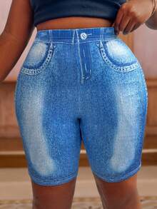 Maweii Plus Size Women's Casual Denim Effect-Look Leggings - Blue - View 5