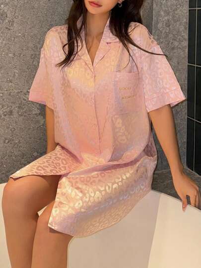 DAZY Satin Leopard Jacquard Alphabet Decorated Sleepwear Shirt-Style Nightgown