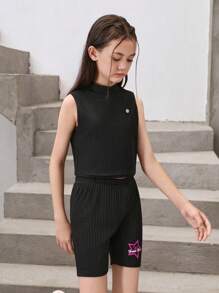 3pcs/Set Tween Girl Loose Black And White Striped Vest,  Half High-Neck Short Cardigan & Cycling Shorts With Printed Patterns - Black - View 4