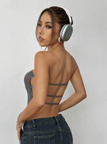 SHEIN Unity Women Striped Print Backless Tube Top Strapless Top - Grey - View 2