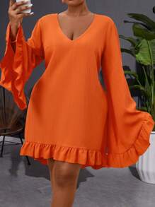 Maweii Plus Extra-Long Sleeve Flare Sleeve Ruffle Hem Dress Fall Cloth For Women