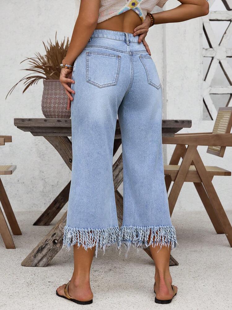 SHEIN LUNE Fringe Hem Flare Leg Jeans - Blue - View 2