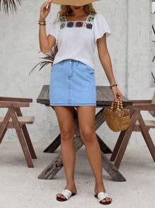 SHEIN LUNE Slant Pocket Denim Mini Skirt For Summer