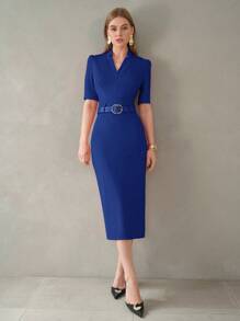 MOTF PREMIUM V NECK STRUCTURED BELTED FITTED DRESS - Royal Blue - View 5