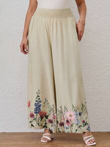 SHEIN LUNE Plus Size Women's Floral Print Casual Pants - Apricot - View 6