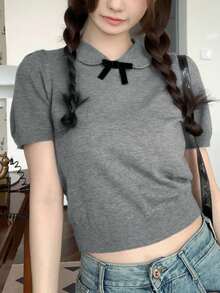 可爱减龄纯色彼得潘领泡泡袖少女针织上衣（不含蝴蝶结） - 灰色 - 查看 4