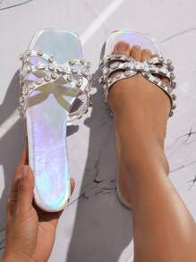 SHUZIA Sauare Toe Flat Sandals, Strappy, Stones, Metallic