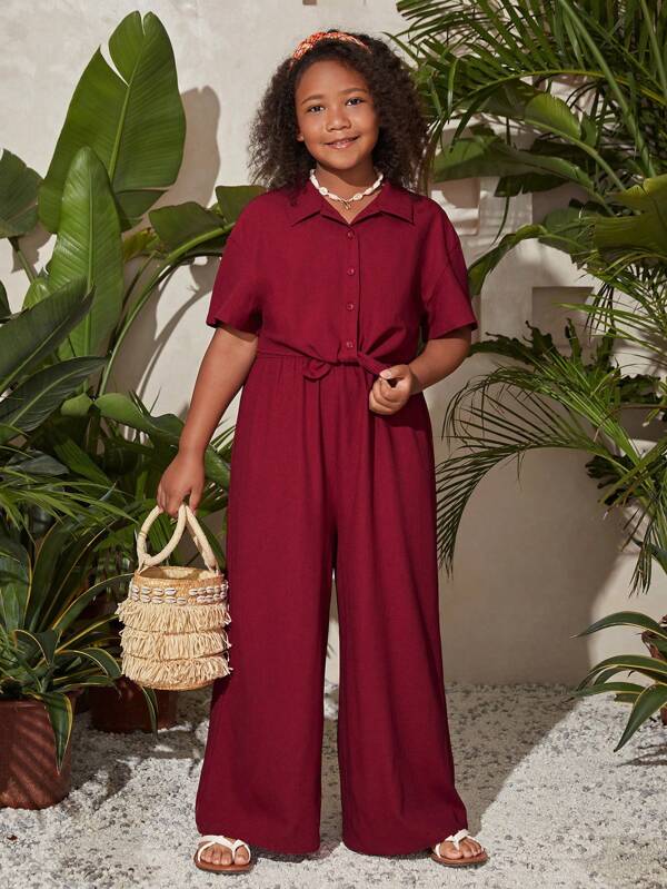 SHEIN Tween Girls Extended Size Vibrant Holiday Casual Spring/Summer Solid Woven Short Sleeve Shirt And Cami Jumpsuit Set