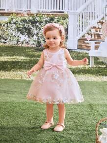 SHEIN Glamorique Kids Baby Girl Elegant Embroidered Mesh Dress, Suitable For Daily Casual Wear, Parties And Other Occasions, New Style For Spring And Summer