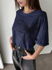 DAZY Coconut Tree Print Drop Shoulder Tee Oversized T-Shirt - Navy Blue - View 3