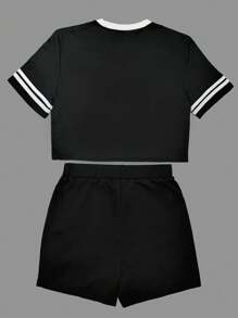 Men Letter Graphic Striped Trim Tee & Drawstring Waist Shorts - Black - View 2