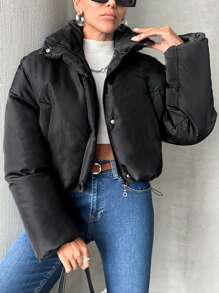 SHEIN Chaqueta acolchada corta en negro para mujer petite - Negro - Ver 1