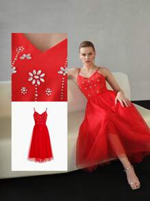 MOTF PREMIUM VESTIDO DE RED CON DETALLE DE PIEDRAS DE CRISTAL Y DOBLADILLO ACAMPANADO
