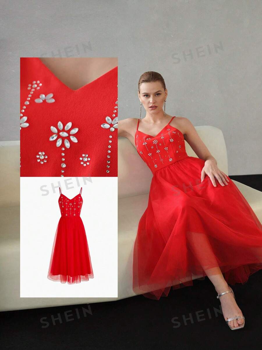 MOTF PREMIUM VESTIDO DE RED CON DETALLE DE PIEDRAS DE CRISTAL Y DOBLADILLO ACAMPANADO