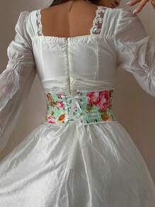 Floral Printed Fishbone Waist Trainer - Green - View 2