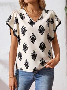 SHEIN LUNE Áo dài in họa tiết mùa hè cổ chữ V Ruffle Trim dành cho nữ - Màu be - Xem 4