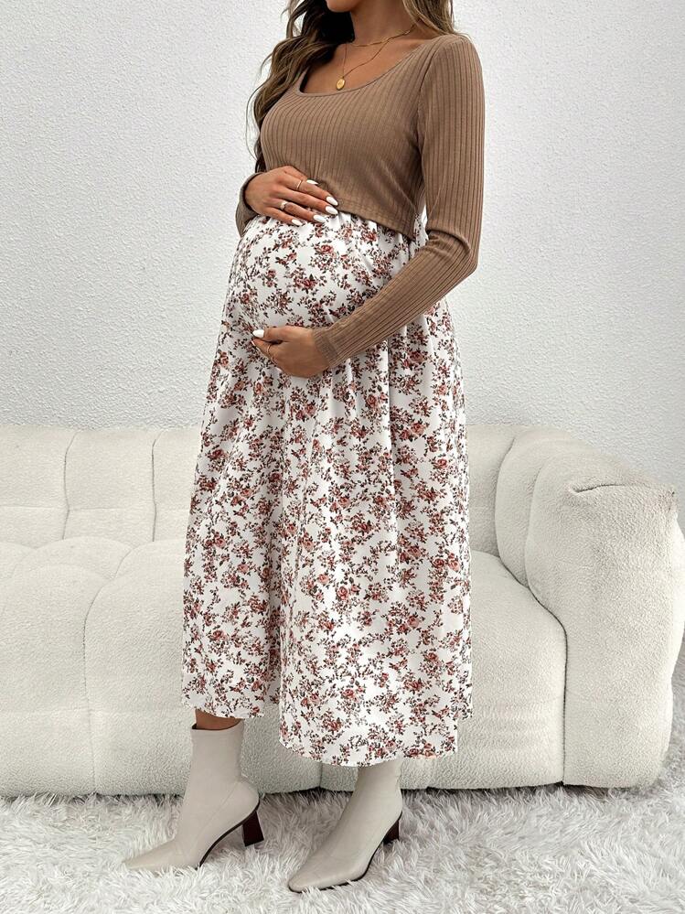 SHEIN 孕婦全印花圓領休閒哺乳連衣裙 - 卡其色 - 查看 6