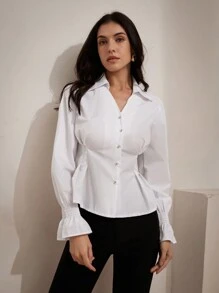 Aveloria Modichic 女士白色乾淨設計束腰褶皺多用途長袖襯衫工作上衣 - 白色 - 查看 1