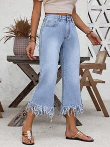 SHEIN LUNE Fringe Hem Flare Leg Jeans - Blue - View 1