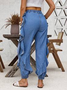 SHEIN LUNE Eenvoudige damesjeans voor dagelijks gebruik, effen kleur en ruches