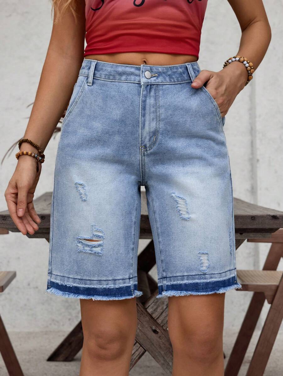 SHEIN LUNE Quần short denim có viền thô rách cho trang phục hàng ngày - Màu xanh lam - Xem 1