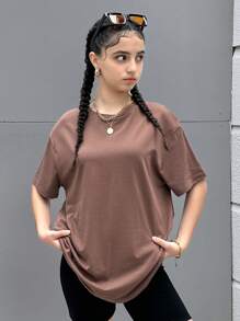 SHEIN Teen Girls Rhinestone Wing Pattern Drop Shoulder Tee - Mocha Brown - View 6