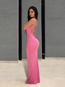 BamGleam 女士简约素色交叉带日常连衣裙长款女装 - 玫紅色 - 查看 3