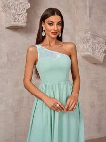 SHEIN Belle Ladies' Solid Color Simple Daily Asymmetrical Neck Dress - Green - View 3