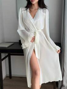 DAZY See-Through Chiffon & Contrast Lace Nightgown With Ruffled Sleeves, Pajama - Apricot - View 3