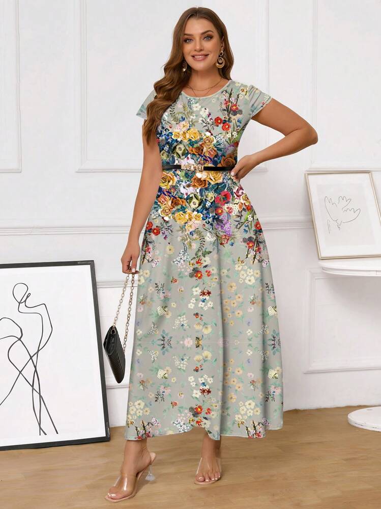 SHEIN Clasi Plus Size Allover In Hình Mùa Hè Cổ Tròn Tay Ngắn Váy Nữ - Màu xanh Bạc hà - Xem 6