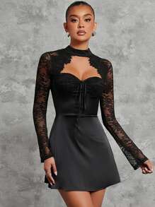 Hauture 黑色蕾絲邊長袖迷你派對裙 - 黑色 - 查看 1