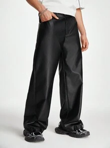 Manfinity RebelGame Men's Loose Wide-Leg Leather Pants - Black - View 1