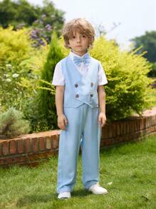 Conjunto para niños pequeños de chaleco de tela de malla azul estilo caballero con doble botonadura, decorado con pajarita y pantalones largos, adecuado para todas las estaciones. Se puede combinar con camisa de manga larga/corta. Ideal para fiestas. - Azul - Ver 1