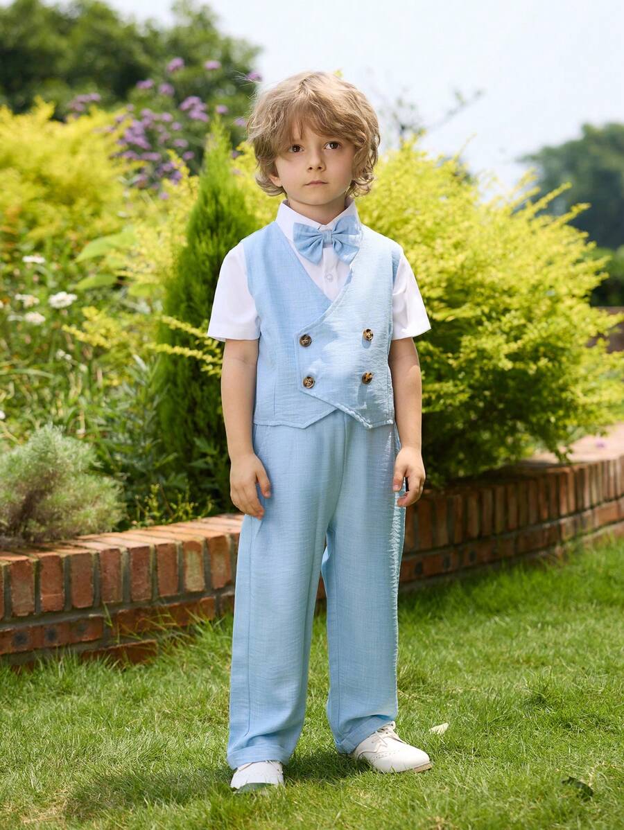 Conjunto para niños pequeños de chaleco de tela de malla azul estilo caballero con doble botonadura, decorado con pajarita y pantalones largos, adecuado para todas las estaciones. Se puede combinar con camisa de manga larga/corta. Ideal para fiestas. - Azul - Ver 1