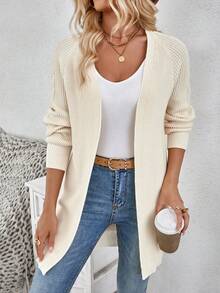 SHEIN LUNE Casual Women's Front Open Twist-Front Long Cardigan With Cable Sleeves - Apricot - View 3